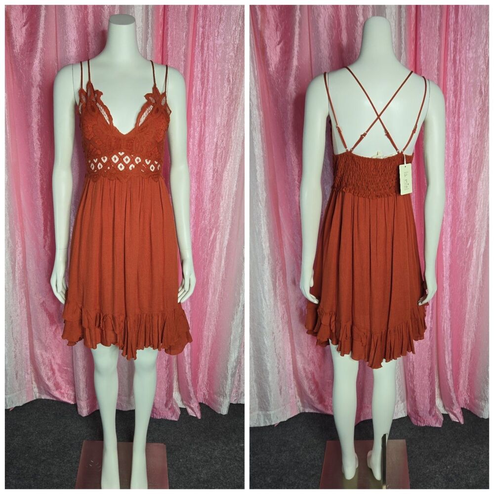 La Miel Rust Boho Crochet Fit & Flare Ruffle Dress Size Large Juniors NWT